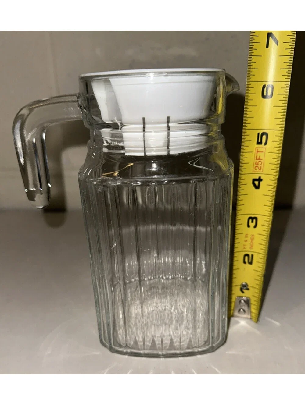 Vintage ARC Glass Small 16 oz Ribbed Pitcher With White Lid
